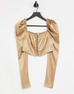 Femme Luxe – Camelowy gorset z głębokim dekoltem i bufiastymi rękawami