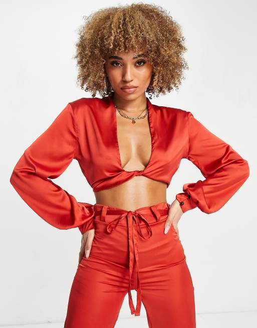 Femme Luxe - Camicia avvolgente rossa in raso in coordinato