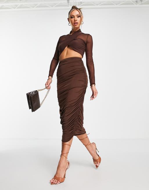Femme Luxe – Chokladbrun crop top med meshöverlager, del av set, 4 av 4
