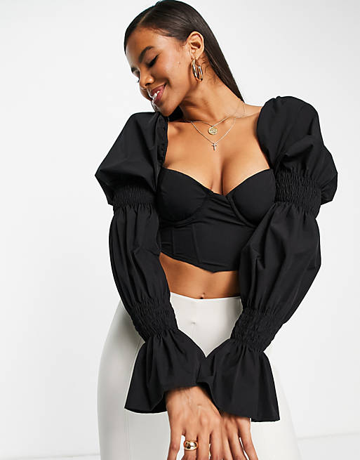 Femme Luxe corset top with balloon sleeves in black