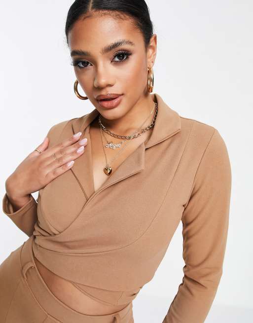 Femme Luxe cropped jersey blazer co ord in tan