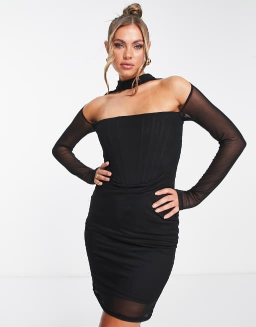 Femme Luxe – Czarna gorsetowa sukienka midi z długimi rękawami z siateczki