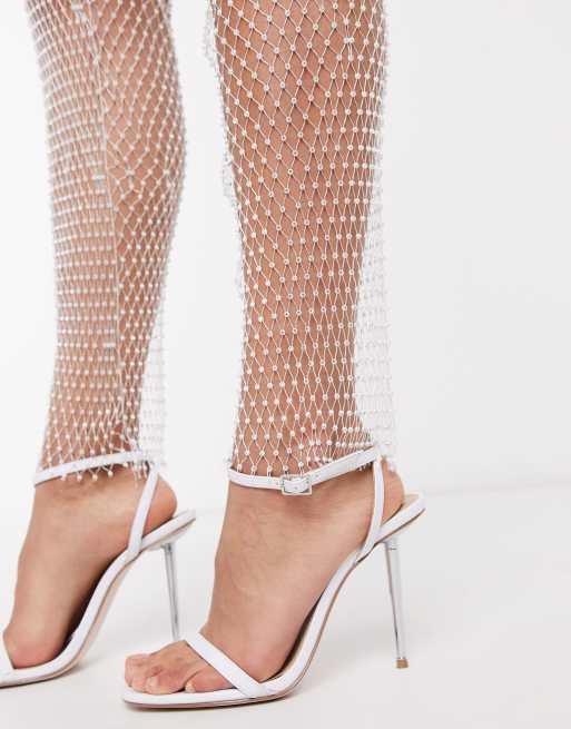 High Waisted Diamante Fishnet Trousers White