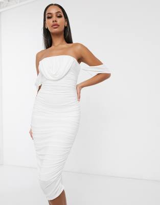 white ruched dress midi