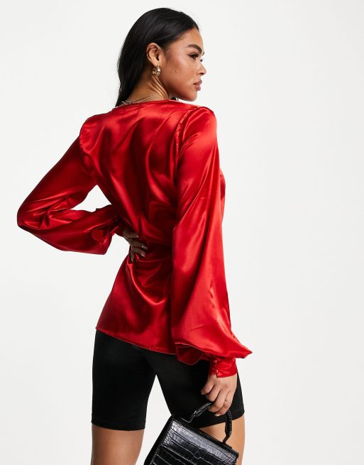 Femme Luxe drape wrap satin blouse in red