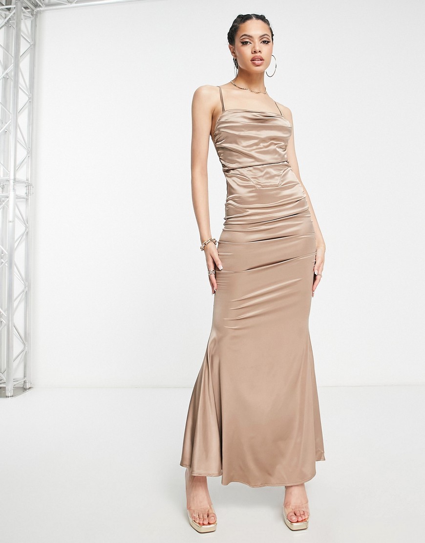 Femme Luxe draped corset maxi dress in taupe-Neutral