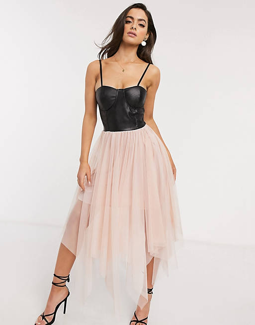 Femme Luxe exclusive corset top layered tulle midi dress in multi