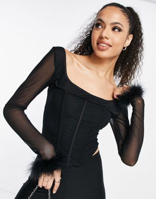 Femme Luxe faux feather trim corset top in black