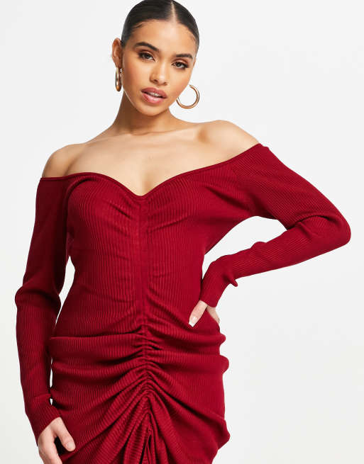 Femme Luxe gathered knitted midi dress in wine, 2 of 4