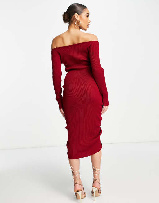 Femme Luxe gathered knitted midi dress in wine, 4 of 4