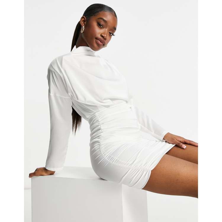 High neck ruched back satin mini dress hotsell