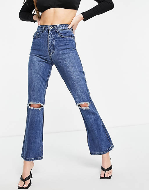 Femme Luxe high waist flares with busted knee in mid blue