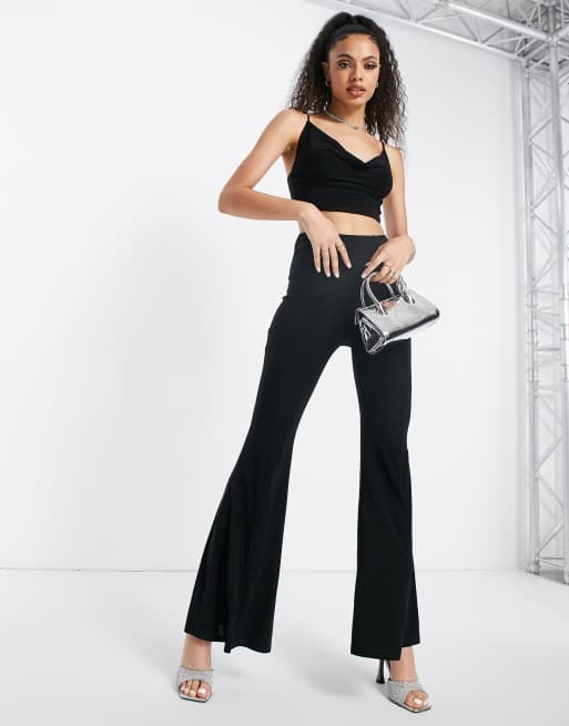 High Waist Flare Pants With Front Seam Detail And Waist Tie - Black