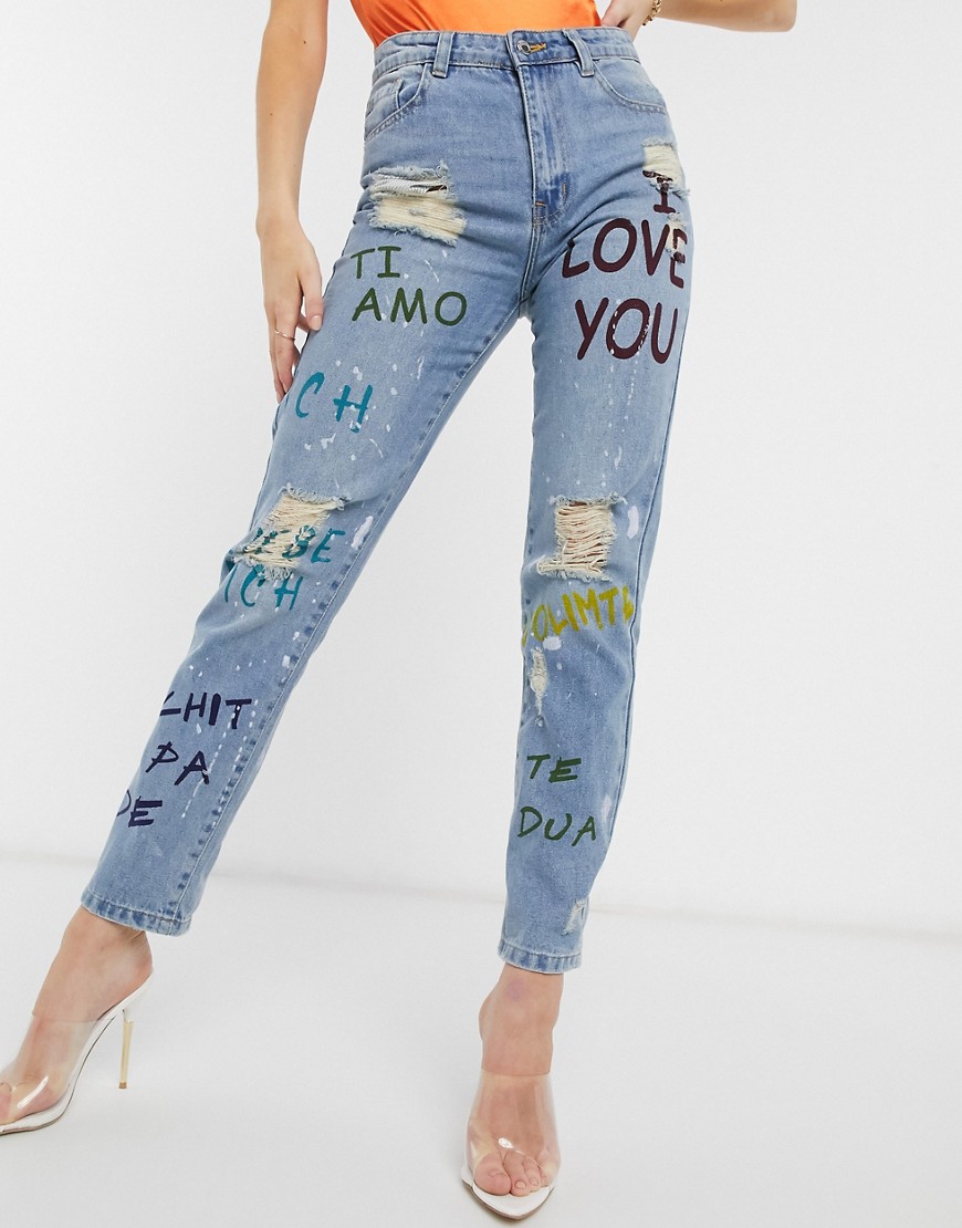 Femme Luxe - Jeans met rechte pijpen, scheuren en graffiti in blauw