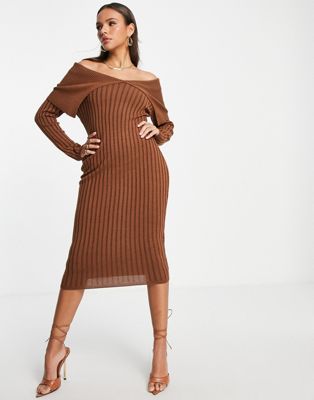 Femme Luxe knitted bardot jumper dress in chocolate