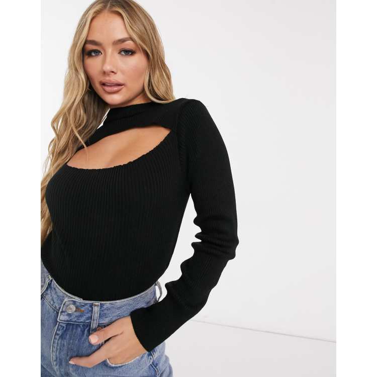 Femme Luxe knitted cutout neck detail jumper in black