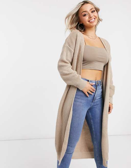 Femme Luxe knitted long line cardi in camel