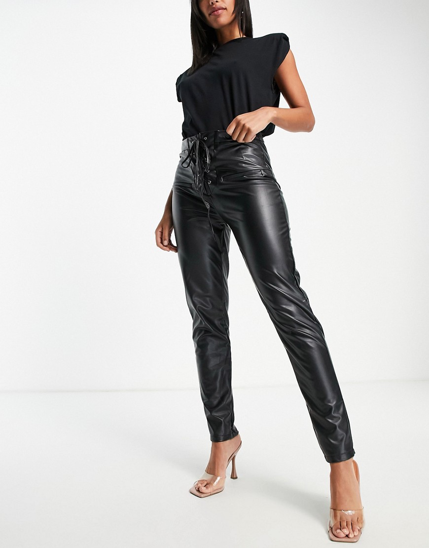 Femme Luxe leather look skinny pants with lace up in black