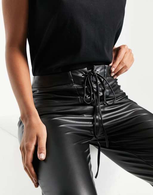 High Waisted Lace Up Leather Look Trousers