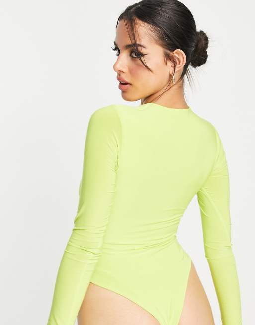 Neon Green Cut Out Bodysuit for Women with Long Sleeve