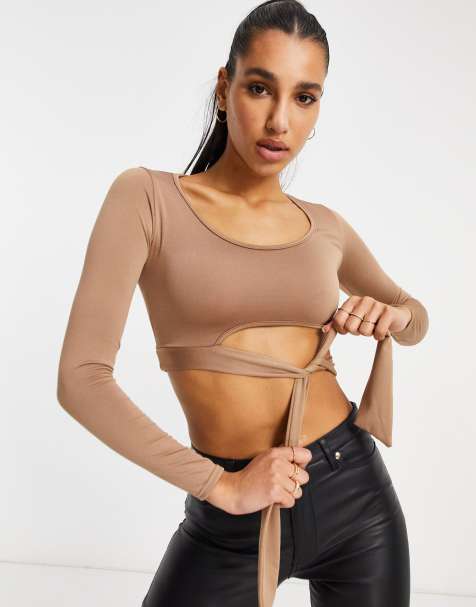Femme Luxe long sleeve cut out waist crop top with belt detail in camel