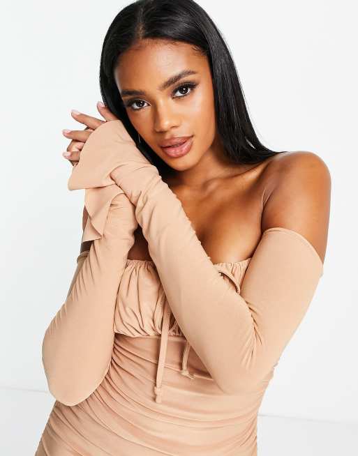 Femme Luxe long sleeve off the shoulder midi dress in caramel