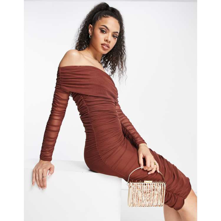 Glitter cold shoulder ruched design best sale midi dress