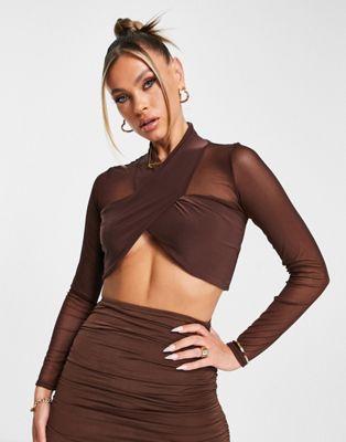 Femme Luxe mesh overlay crop top co-ord in chocolate