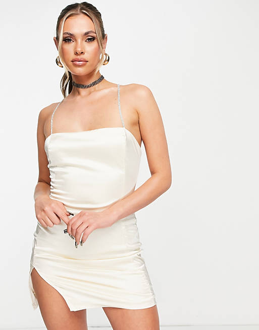 Femme Luxe mini dress with diamante straps in ivory