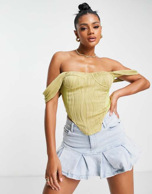 Femme Luxe off shoulder crinkle detail corset top in soft lime