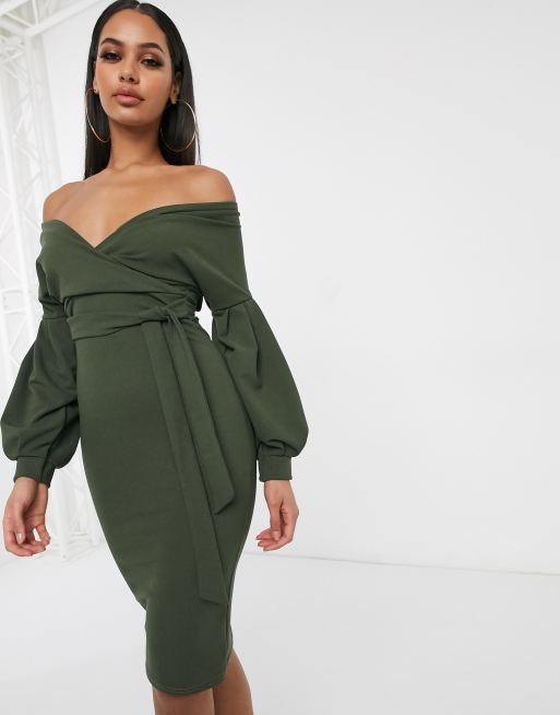 Femme Luxe off shoulder flutter sleeve pencil dress in khaki | ASOS