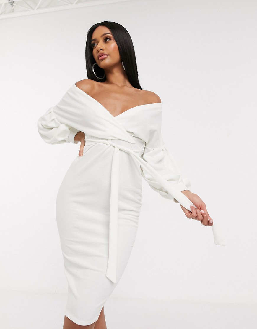 Femme Luxe off shoulder flutter sleeve pencil dress in white
