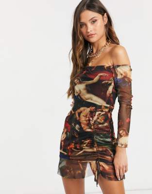 Femme Luxe off shoulder long sleeve mini dress in multi angelic print