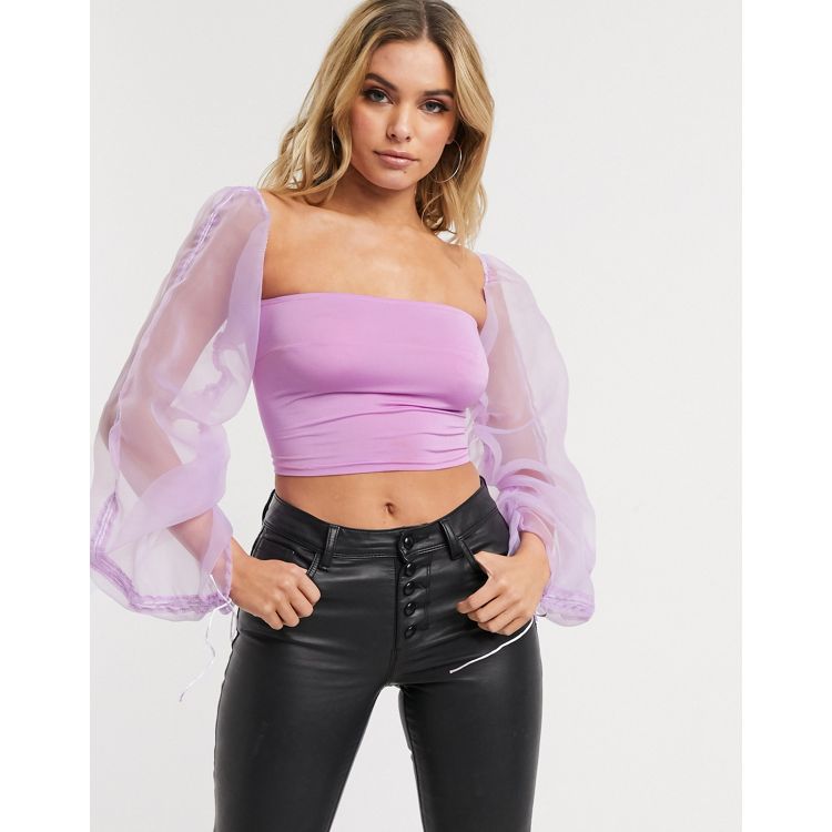 8 By YOOX LEATHER PUFF-SLEEVE WRAP BELTED TOP, Lilac Women's Top