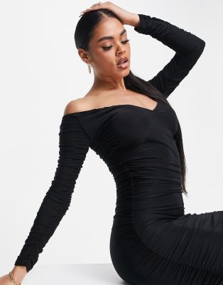 midi black off the shoulder dress