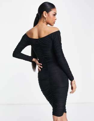 off the shoulder ruched bodycon dress