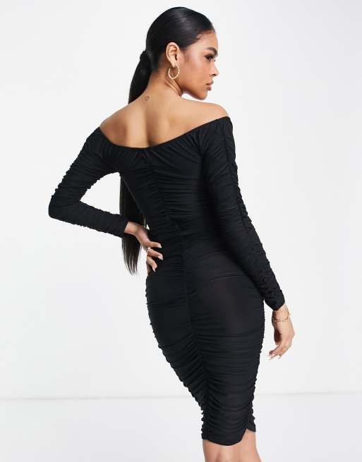 Shape black mesh hotsell ruched bardot midi dress