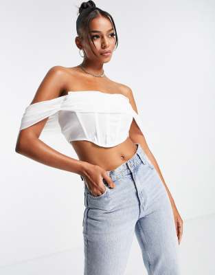 off shoulder woven corset top in white