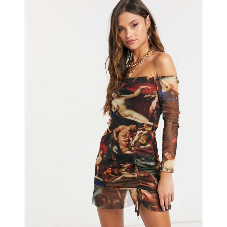 Femme Luxe off the shoulder long sleeved mini dress in multi angelic print ASOS