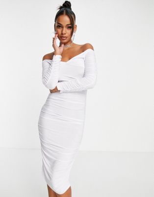 Femme Luxe off the shoulder midi dress in white - ASOS Price Checker