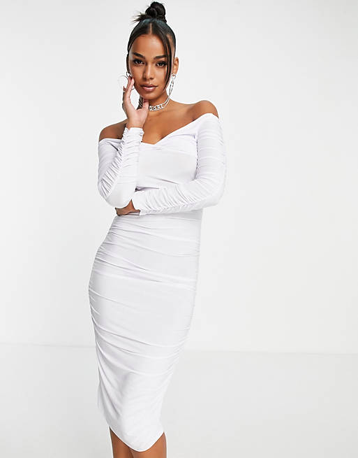 Femme Luxe off the shoulder midi dress in white