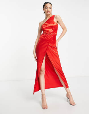 Femme Luxe One Shoulder Front Silt Satin Maxi Dress In Red