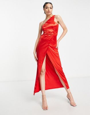 Femme Luxe one shoulder front spilt satin maxi dress in red