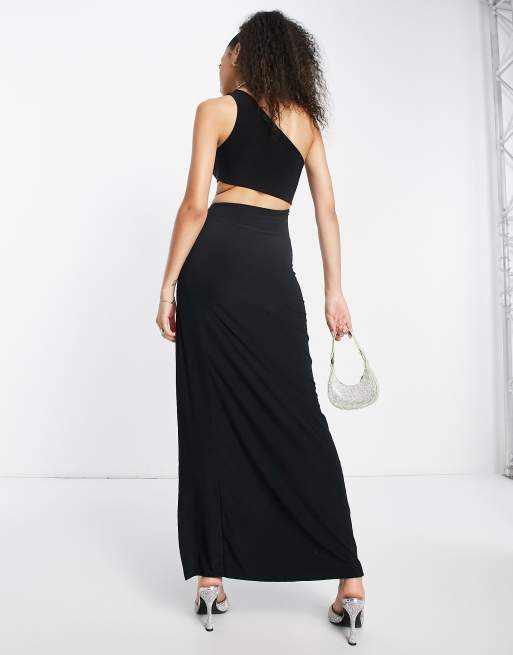 Femme Luxe one shoulder front split maxi dress in black