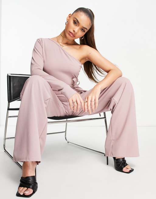 One shoulder tie waist jumpsuit on sale