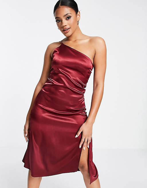 Femme Luxe one shoulder strappy front spilt satin midi dress in deep berry