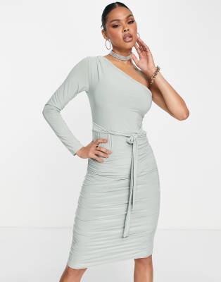 one shoulder tie waist ruched bodycon midi dress in sage-Green