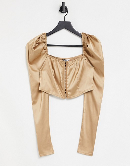 Femme Luxe plunge front puff sleeve corset top in camel