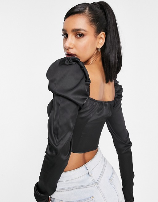 Femme Luxe plunge front puff sleeve top in black