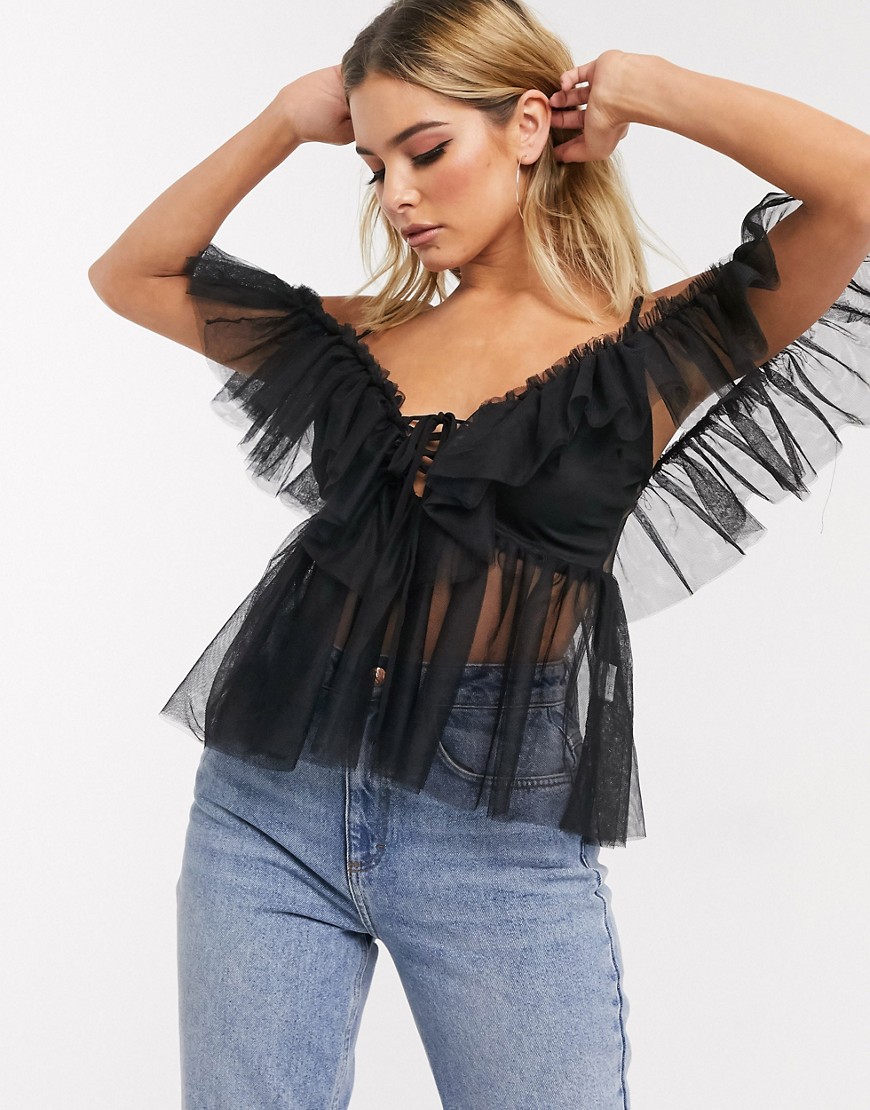 Femme Luxe plunge lace up front tulle cold shoulder ruffle top in black